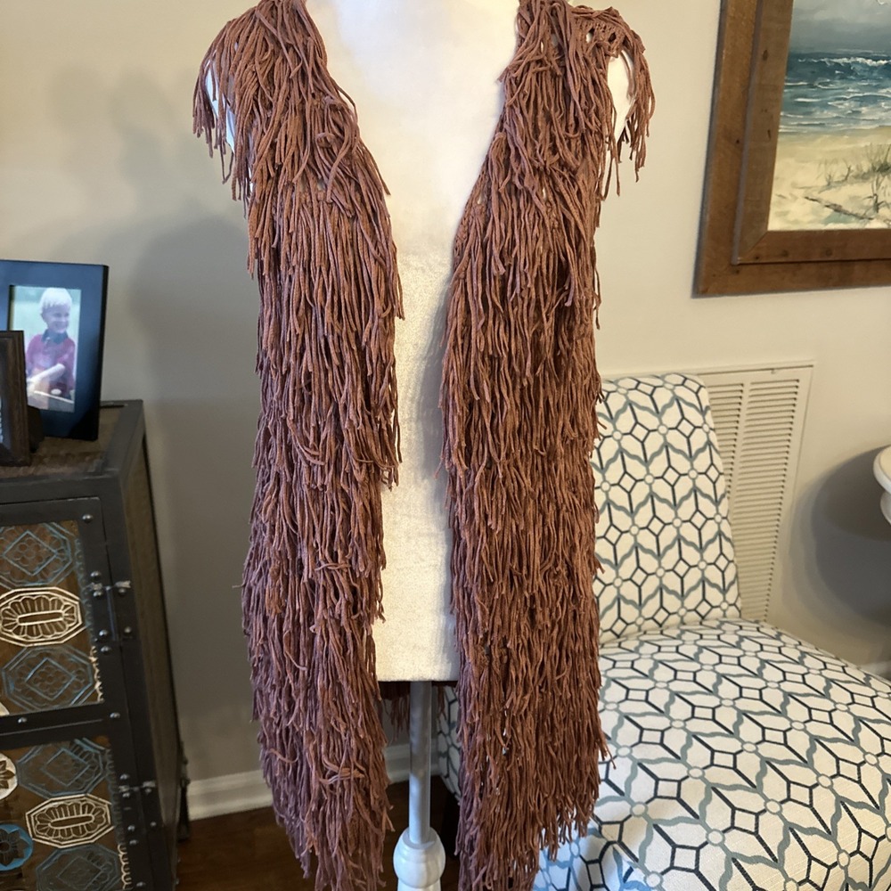 P Q LA Women's Fringe Vest Open Front Cardigan Kimono jacket Size M Hippie Boho